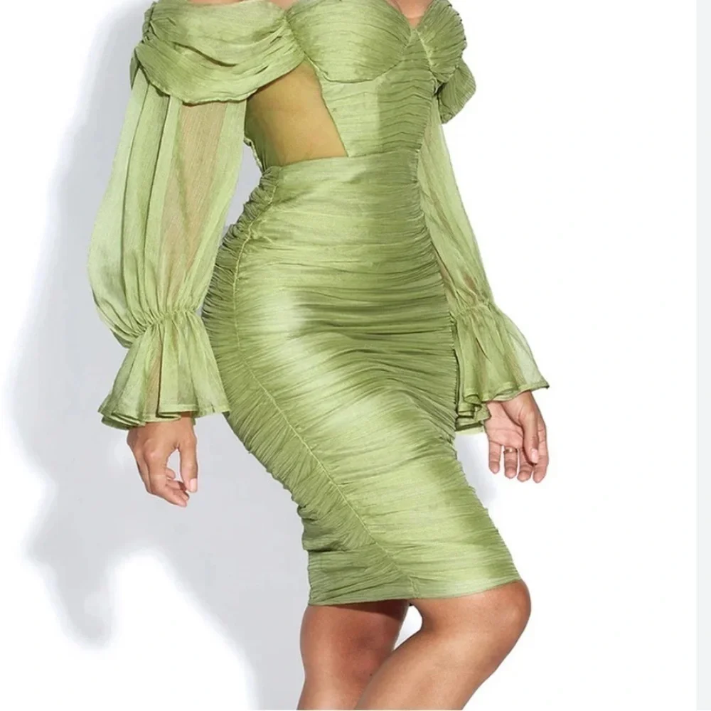 Miss Circle,Couture Clothier,Siren Olive, Silk Mesh,Lantern Sleeve Draping Dress